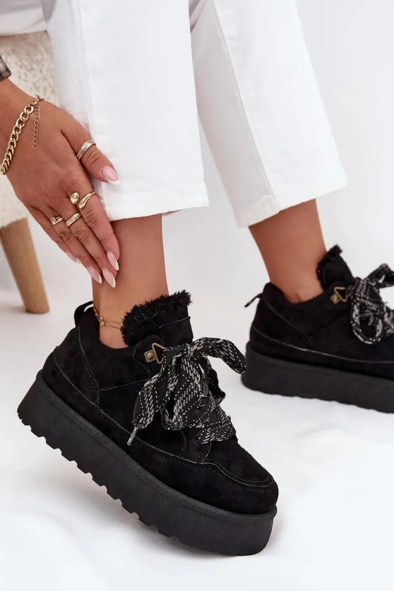 Sznurowane Śniegowce Damskie Na Platformie Ocieplane Futerkiem Czarne Tavelle