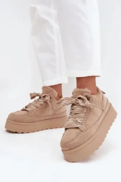 Sznurowane Śniegowce Damskie Na Platformie Ocieplane Futerkiem Beżowe Tavelle