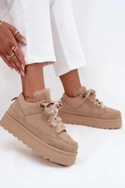 Sznurowane Śniegowce Damskie Na Platformie Ocieplane Futerkiem Beżowe Tavelle