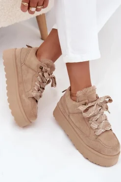 Sznurowane Śniegowce Damskie Na Platformie Ocieplane Futerkiem Beżowe Tavelle