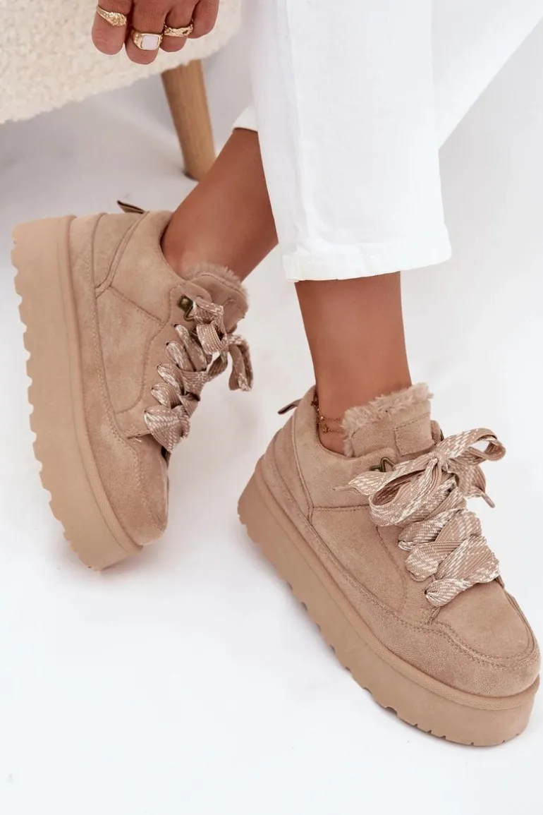 Sznurowane Śniegowce Damskie Na Platformie Ocieplane Futerkiem Beżowe Tavelle