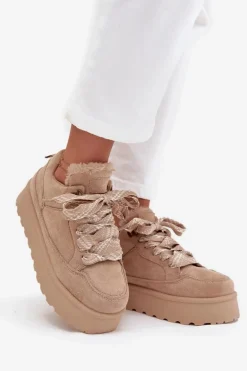 Sznurowane Śniegowce Damskie Na Platformie Ocieplane Futerkiem Beżowe Tavelle