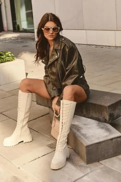 Sznurowane Ocieplane Kozaki Glany Przed Kolano Beżowe Bergdis