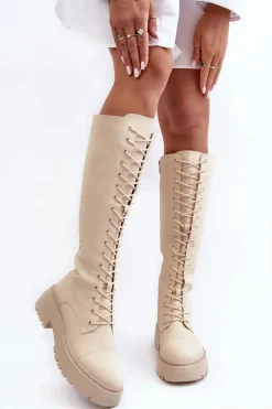 Sznurowane Ocieplane Kozaki Glany Przed Kolano Beżowe Bergdis