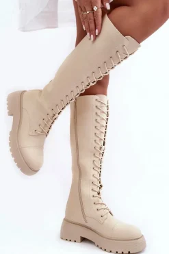 Sznurowane Ocieplane Kozaki Glany Przed Kolano Beżowe Bergdis