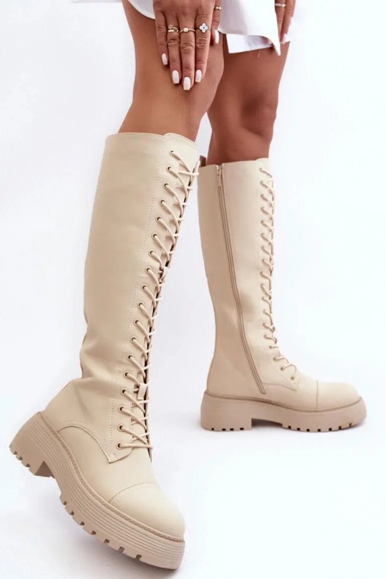 Sznurowane Ocieplane Kozaki Glany Przed Kolano Beżowe Bergdis