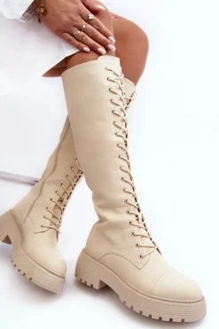 Sznurowane Ocieplane Kozaki Glany Przed Kolano Beżowe Bergdis