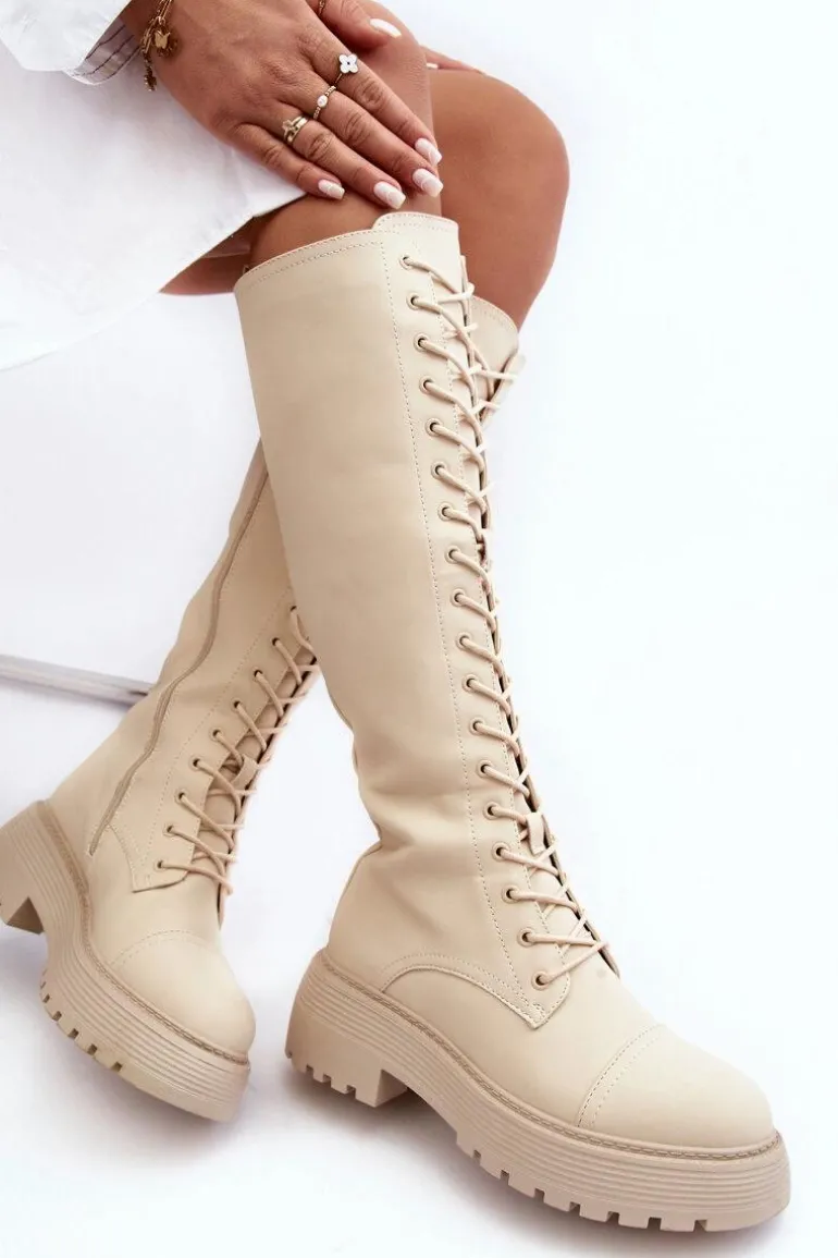 Sznurowane Ocieplane Kozaki Glany Przed Kolano Beżowe Bergdis