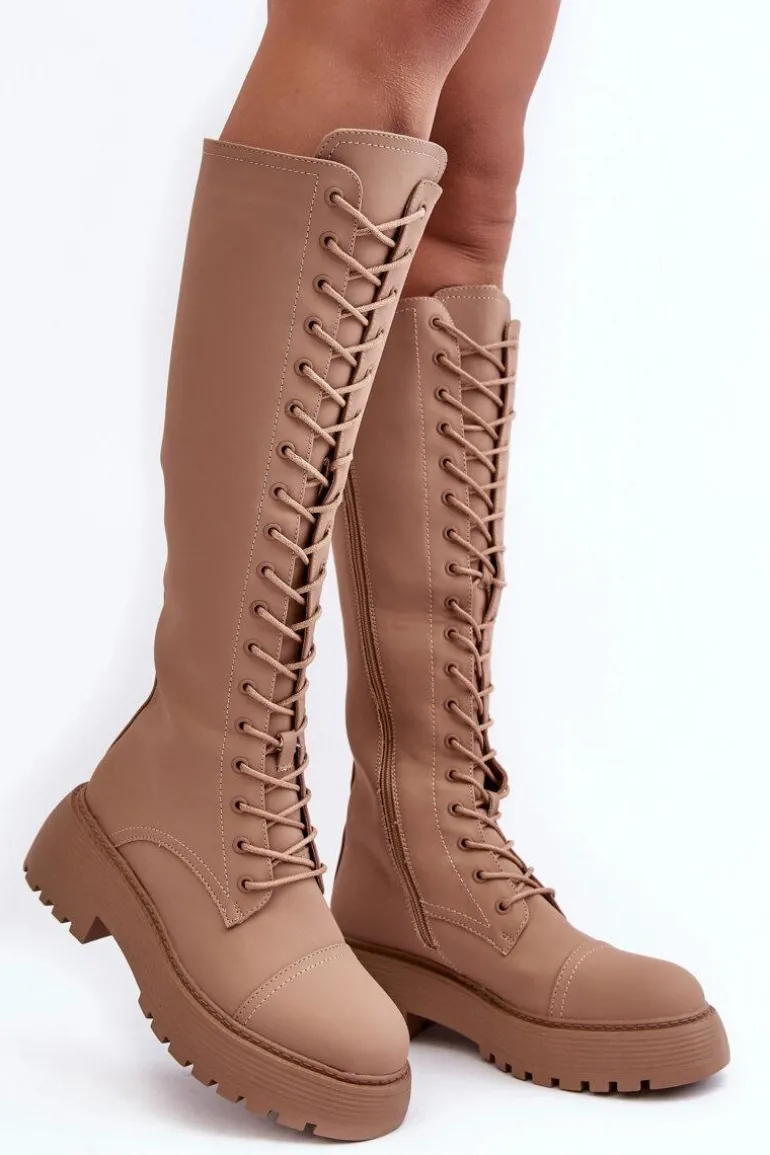 Sznurowane Ocieplane Kozaki Glany Przed Kolano Ciemnobeżowe Bergdis