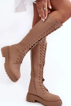 Sznurowane Ocieplane Kozaki Glany Przed Kolano Ciemnobeżowe Bergdis