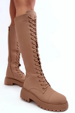 Sznurowane Ocieplane Kozaki Glany Przed Kolano Ciemnobeżowe Bergdis