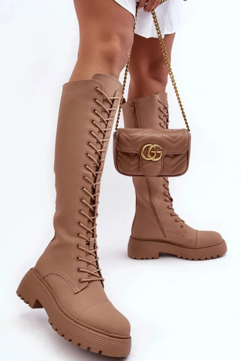 Sznurowane Ocieplane Kozaki Glany Przed Kolano Ciemnobeżowe Bergdis