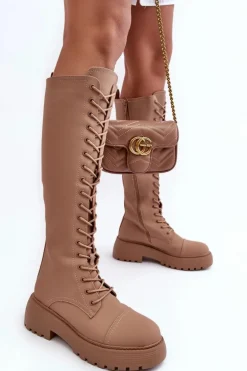 Sznurowane Ocieplane Kozaki Glany Przed Kolano Ciemnobeżowe Bergdis