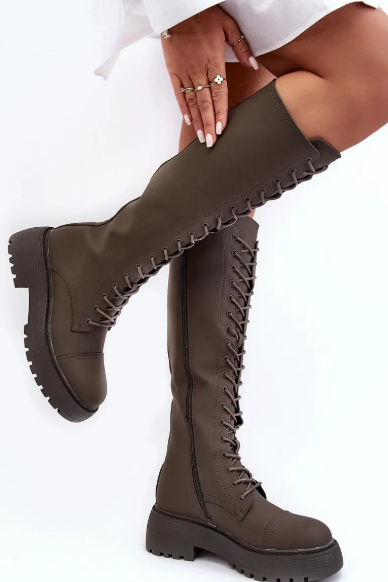 Sznurowane Ocieplane Kozaki Glany Przed Kolano Ciemnozielone Bergdis