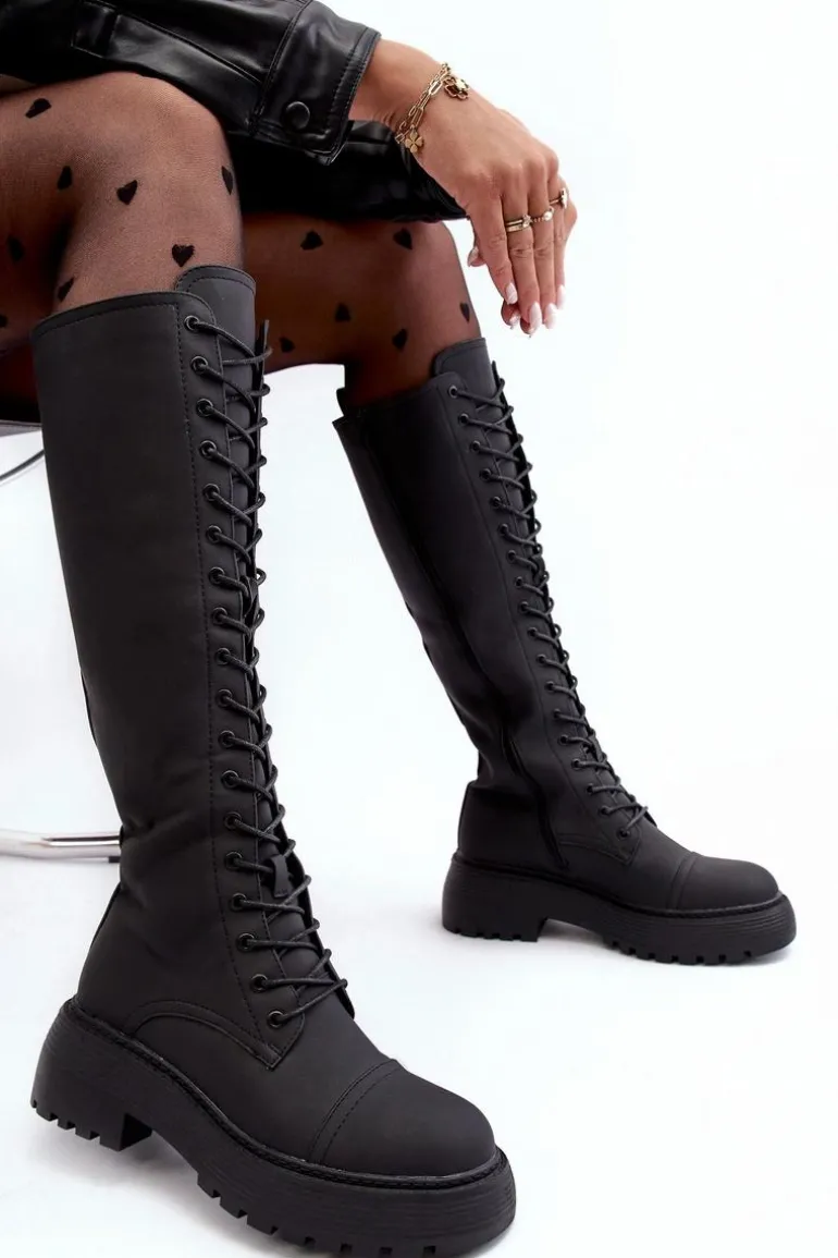 Sznurowane Ocieplane Kozaki Glany Przed Kolano Czarne Bergdis