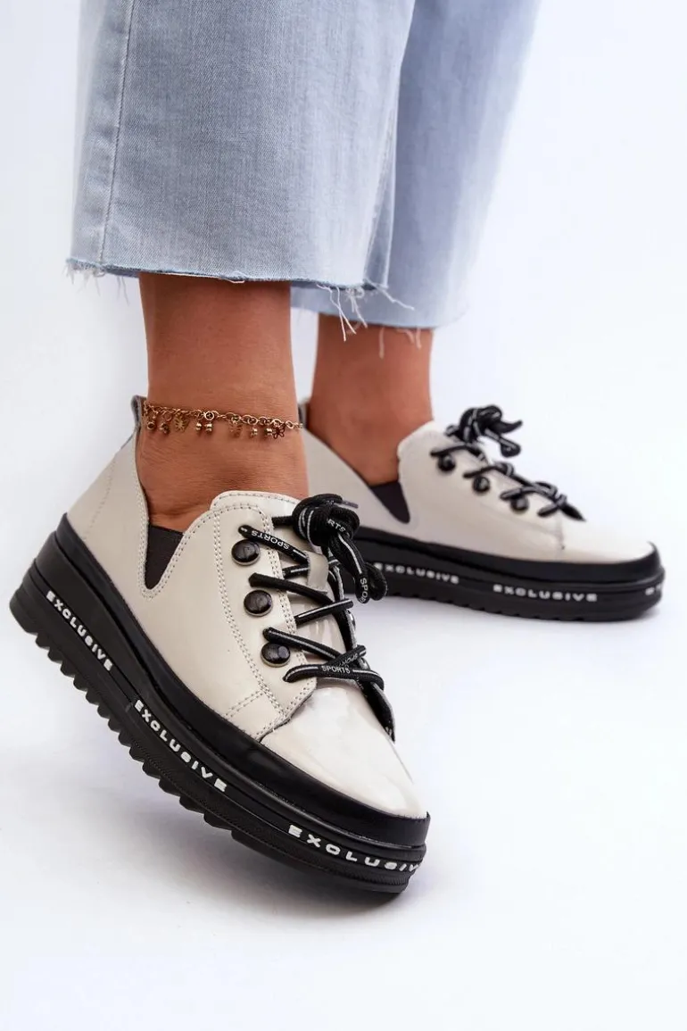 Sznurowane Półbuty Damskie Na Platformie Skóra Naturalna S.Barski LR620 Beżowe