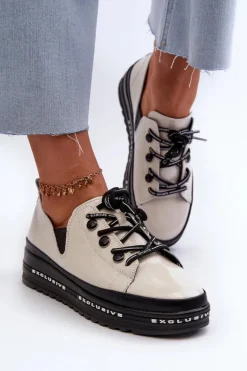 Sznurowane Półbuty Damskie Na Platformie Skóra Naturalna S.Barski LR620 Beżowe