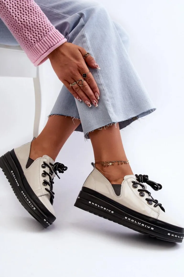 Sznurowane Półbuty Damskie Na Platformie Skóra Naturalna S.Barski LR620 Beżowe