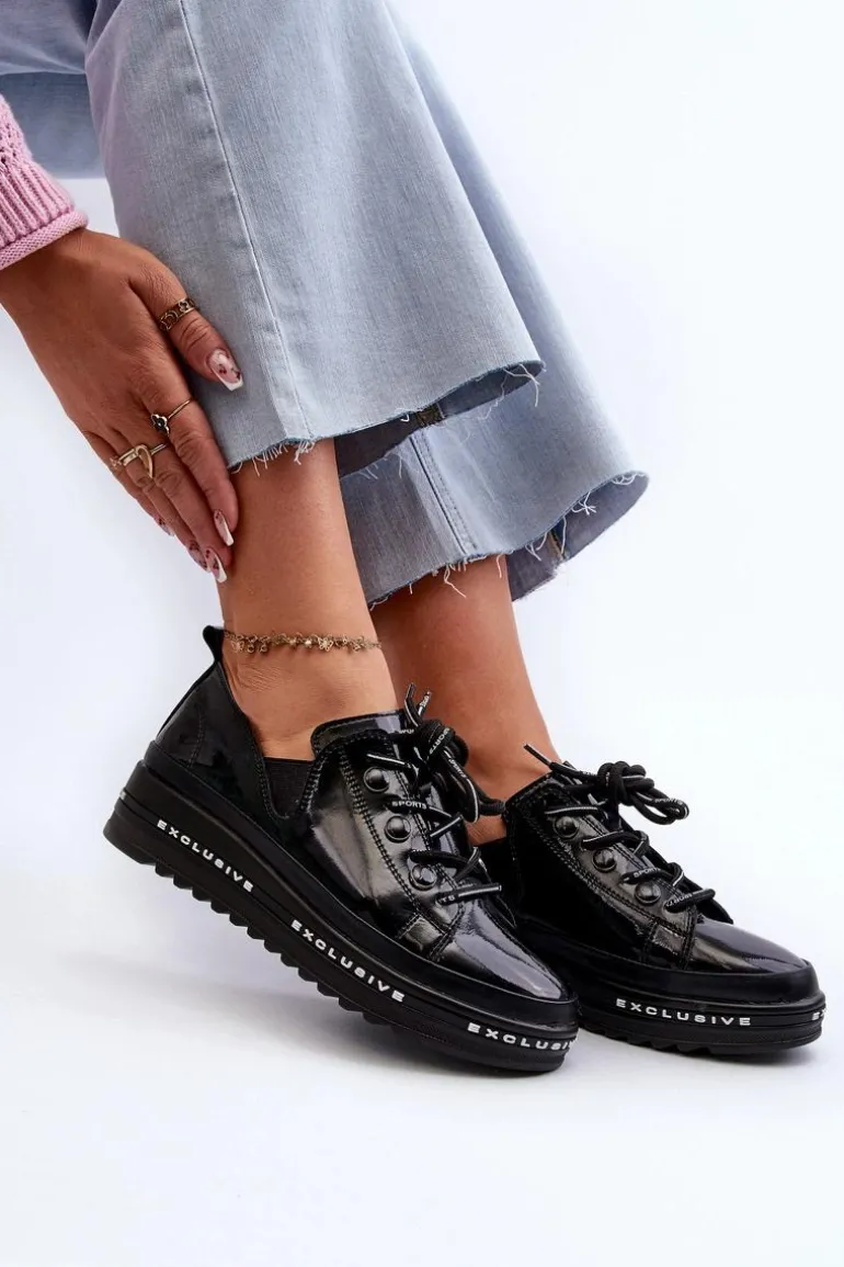 Sznurowane Półbuty Damskie Na Platformie Skóra Naturalna S.Barski LR620 Czarne