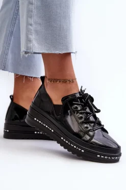 Sznurowane Półbuty Damskie Na Platformie Skóra Naturalna S.Barski LR620 Czarne