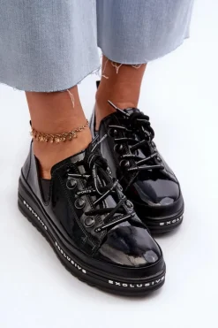 Sznurowane Półbuty Damskie Na Platformie Skóra Naturalna S.Barski LR620 Czarne