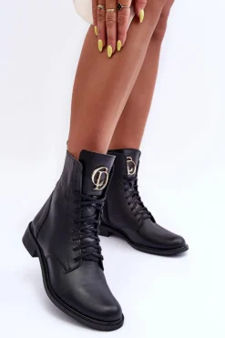 Sznurowane Skórzane Botki Z Ozdobą Czarne Nicole 2750