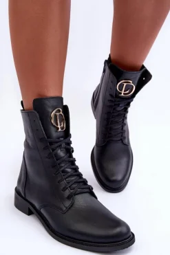 Sznurowane Skórzane Botki Z Ozdobą Czarne Nicole 2750