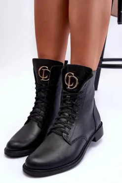 Sznurowane Skórzane Botki Z Ozdobą Czarne Nicole 2750