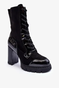 Sznurowane Skórzane Botki Na Masywnym Słupku Czarne Khariah