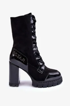 Sznurowane Skórzane Botki Na Masywnym Słupku Czarne Khariah