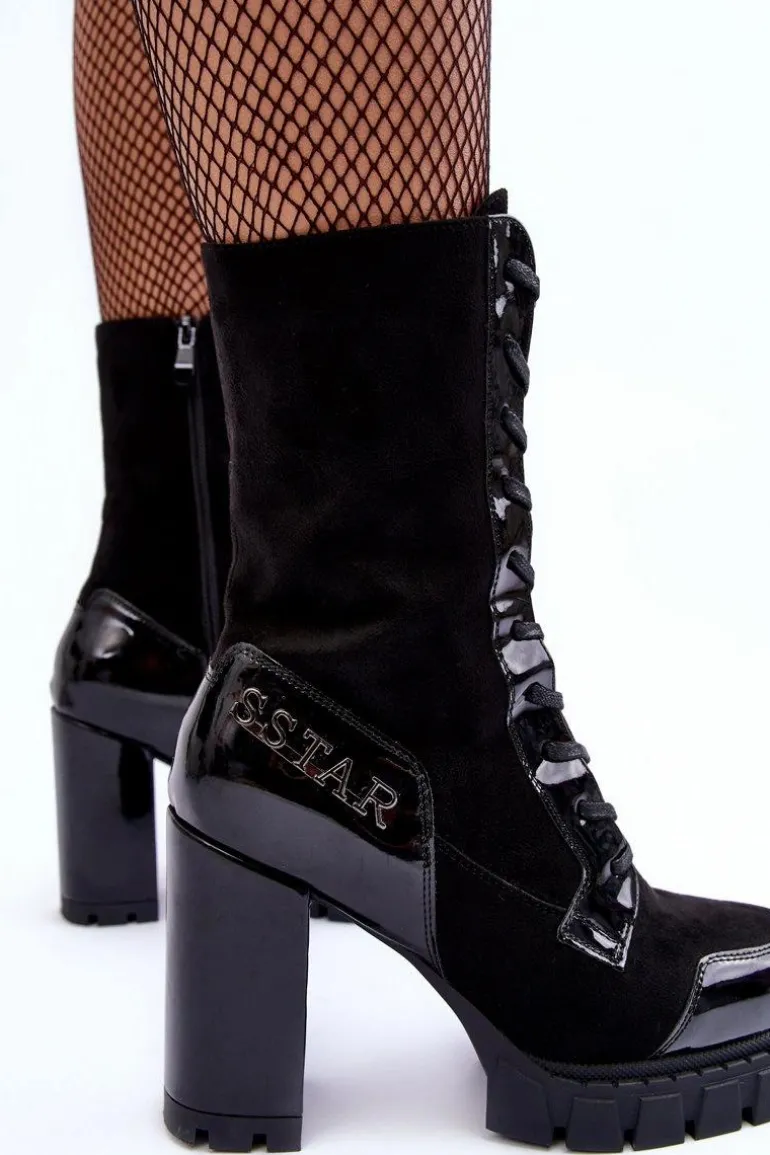 Sznurowane Skórzane Botki Na Masywnym Słupku Czarne Khariah