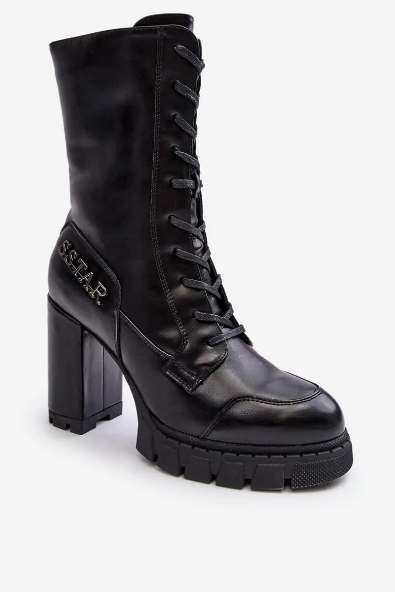 Sznurowane Skórzane Botki Na Masywnym Słupku Czarne Khariah