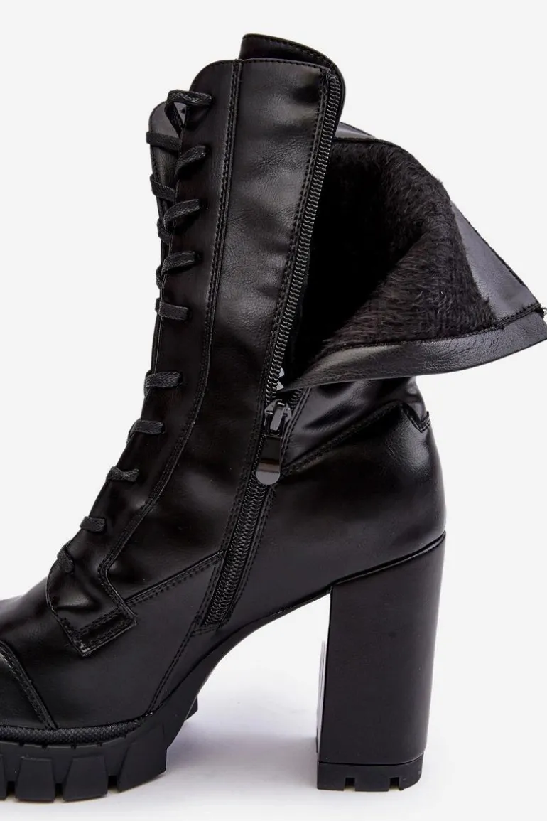 Sznurowane Skórzane Botki Na Masywnym Słupku Czarne Khariah