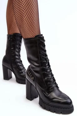 Sznurowane Skórzane Botki Na Masywnym Słupku Czarne Khariah