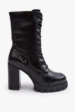 Sznurowane Skórzane Botki Na Masywnym Słupku Czarne Khariah