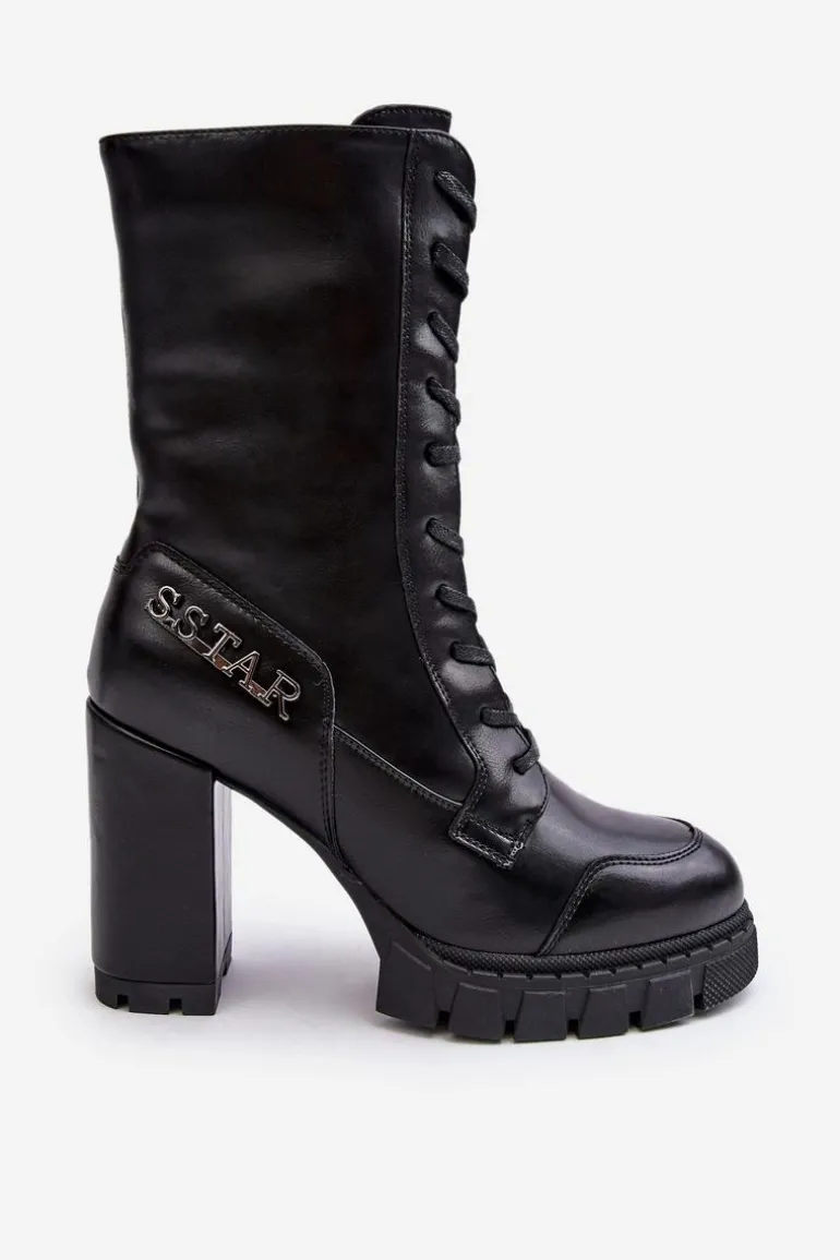 Sznurowane Skórzane Botki Na Masywnym Słupku Czarne Khariah