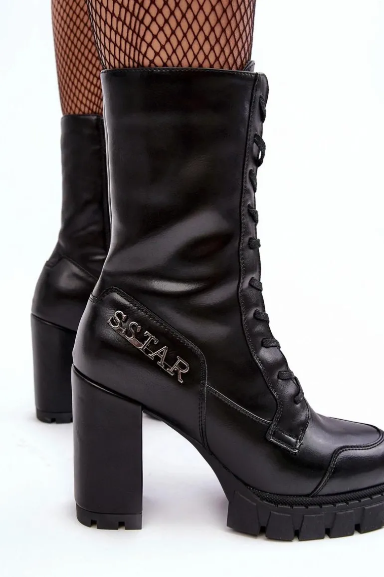 Sznurowane Skórzane Botki Na Masywnym Słupku Czarne Khariah