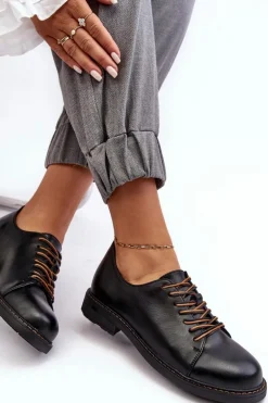 Sznurowane Skórzane Damskie Półbuty Czarne Nakera