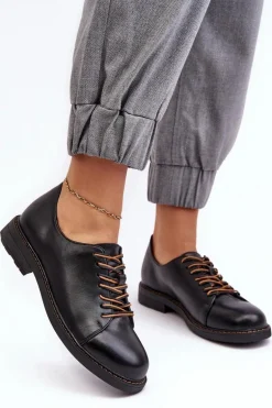 Sznurowane Skórzane Damskie Półbuty Czarne Nakera