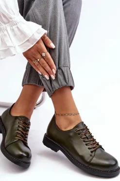 Sznurowane Skórzane Damskie Półbuty Ciemnozielone Nakera