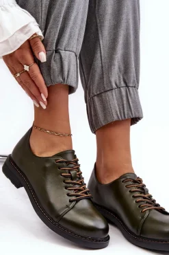 Sznurowane Skórzane Damskie Półbuty Ciemnozielone Nakera