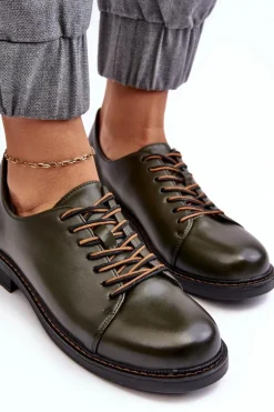 Sznurowane Skórzane Damskie Półbuty Ciemnozielone Nakera