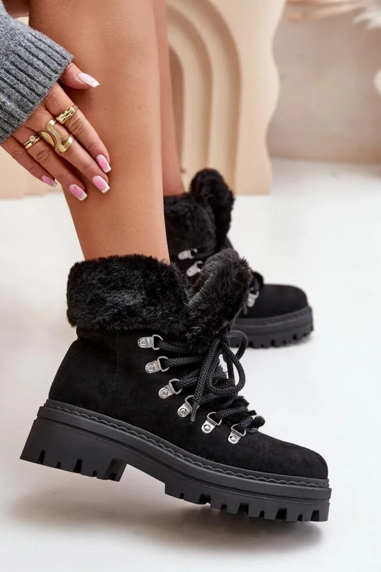 Sznurowane Trapery Damskie Z Futerkiem Czarne Vaminia