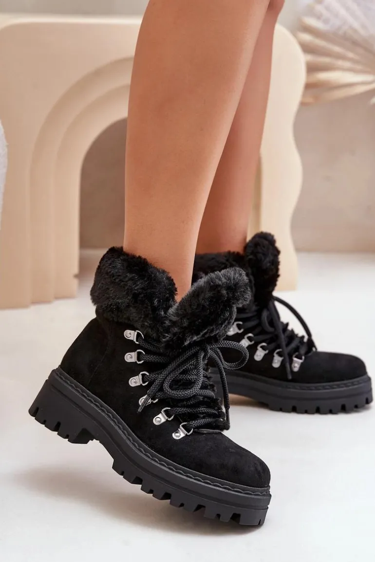 Sznurowane Trapery Damskie Z Futerkiem Czarne Vaminia