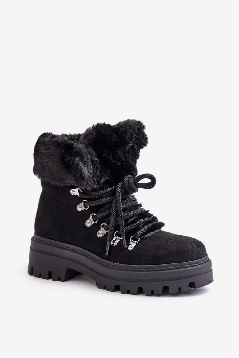 Sznurowane Trapery Damskie Z Futerkiem Czarne Vaminia