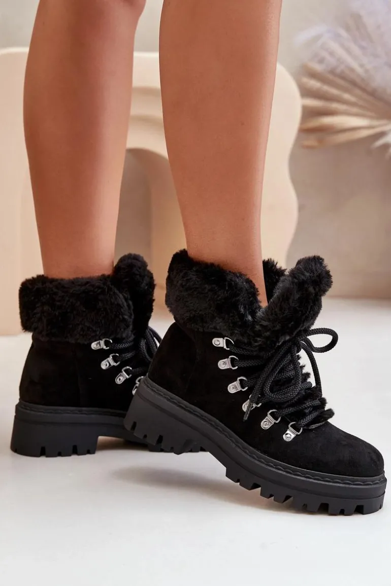 Sznurowane Trapery Damskie Z Futerkiem Czarne Vaminia
