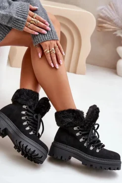 Sznurowane Trapery Damskie Z Futerkiem Czarne Vaminia