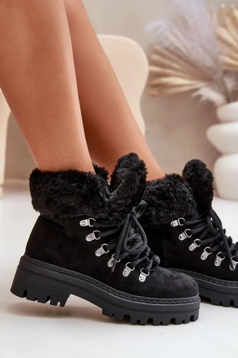 Sznurowane Trapery Damskie Z Futerkiem Czarne Vaminia