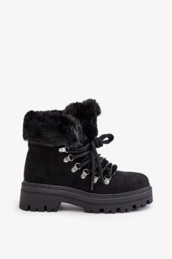 Sznurowane Trapery Damskie Z Futerkiem Czarne Vaminia