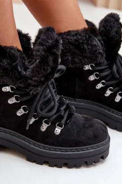 Sznurowane Trapery Damskie Z Futerkiem Czarne Vaminia